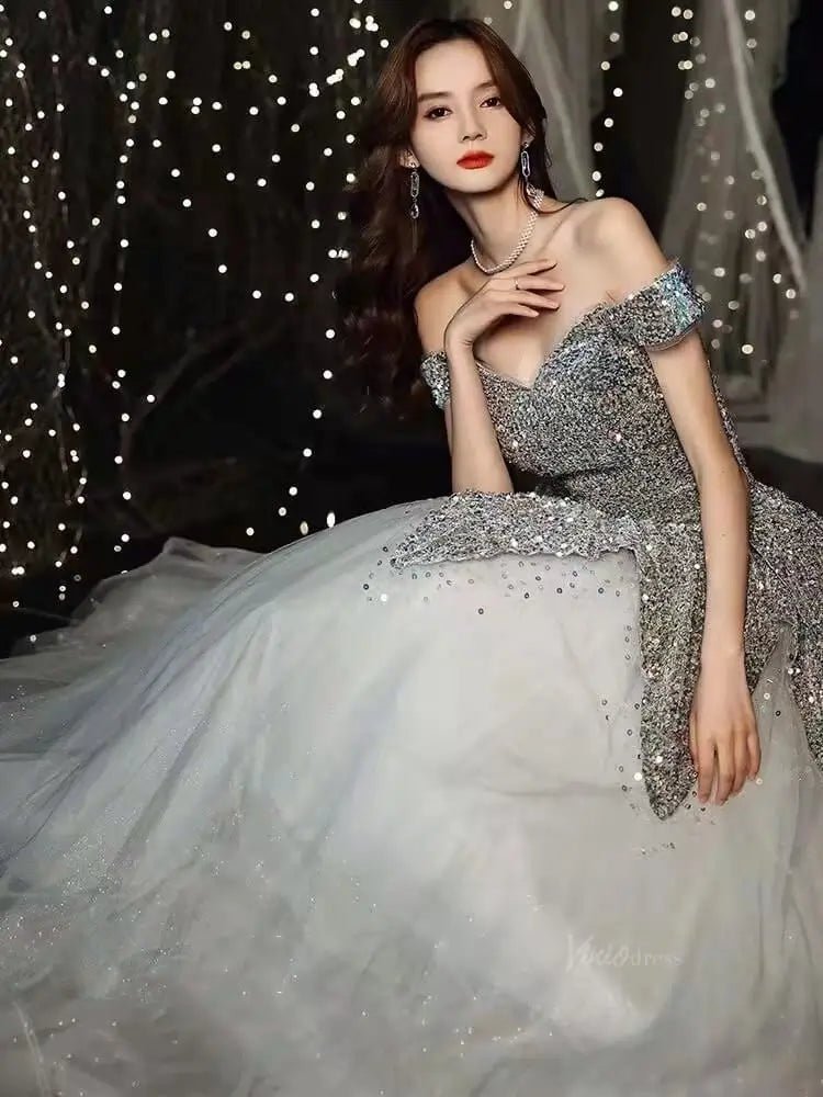 Dark Blue Sparkly Tulle Prom Dresses with Sequin Bodice, Off the Shoulder, Quinceanera Dresses SU081 - Viniodressprom dressesSilverCustom Size - Formal Dresses - Ball Gowns