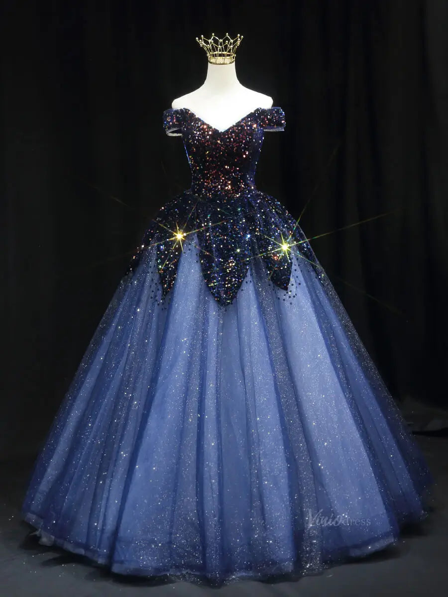 prom dresses 2025 Dark Blue Sparkly Tulle Prom Dresses with Sequin Bodice, Off the Shoulder, Quinceanera Dresses SU081-plus size wedding dresses Viniodress-Blue-Custom Size-