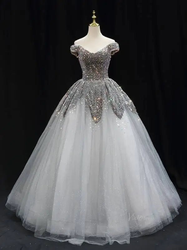 Dark Blue Sparkly Tulle Prom Dresses with Sequin Bodice, Off the Shoulder, Quinceanera Dresses SU081 - Viniodressprom dressesSilverCustom Size - Formal Dresses - Ball Gowns