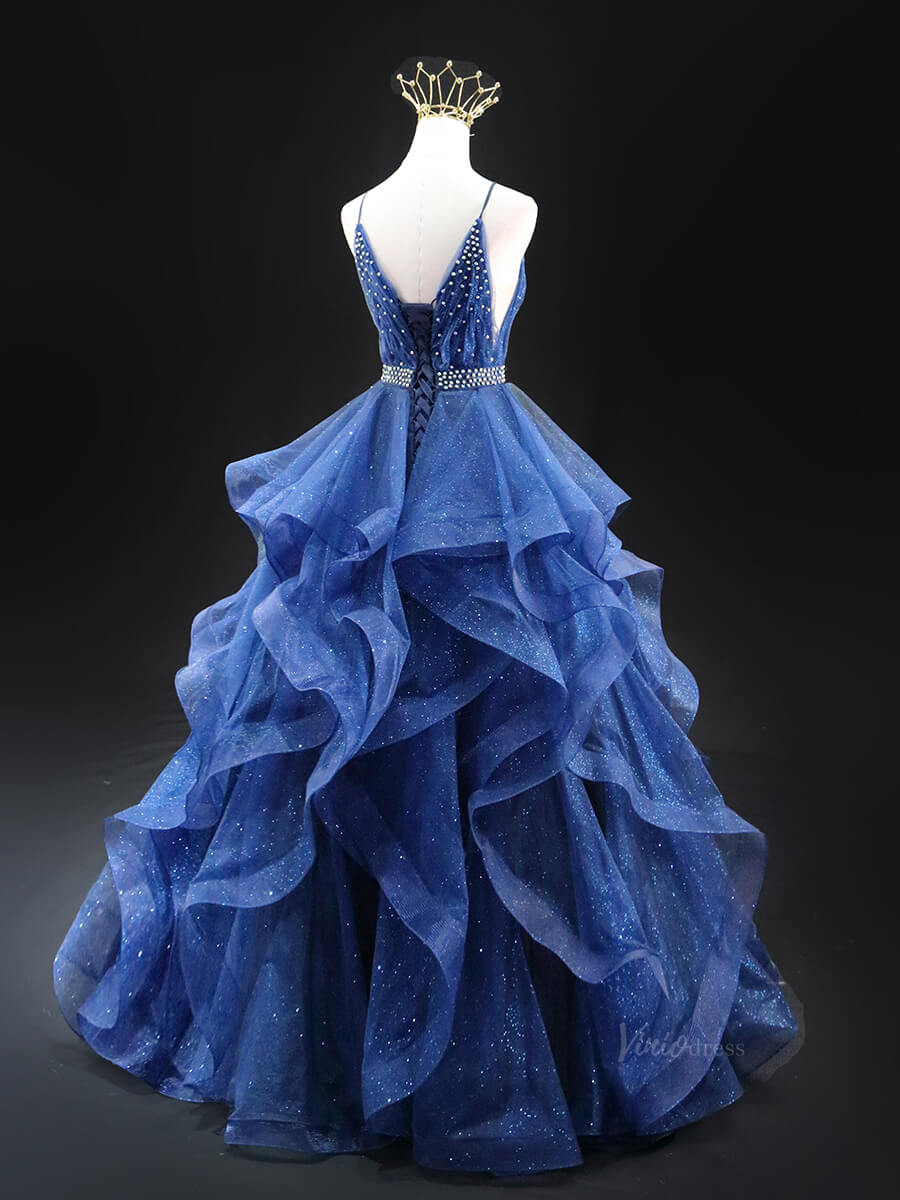 Dark Blue Sparkly Tulle Prom Dresses with Spaghetti Strap, V-Neck, Tie Viniodress Dark Blue Sparkly Tulle Prom Dresses with Spaghetti Strap, V-Neck, Tie Viniodress