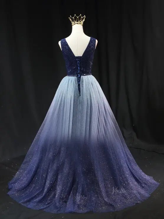 Dark Blue Sparkly Tulle Prom Dresses with V-Neck, Sequin Bodice, Formal Dresses SU069-prom dresses 2025 -Viniodress-Blue-Custom Size-