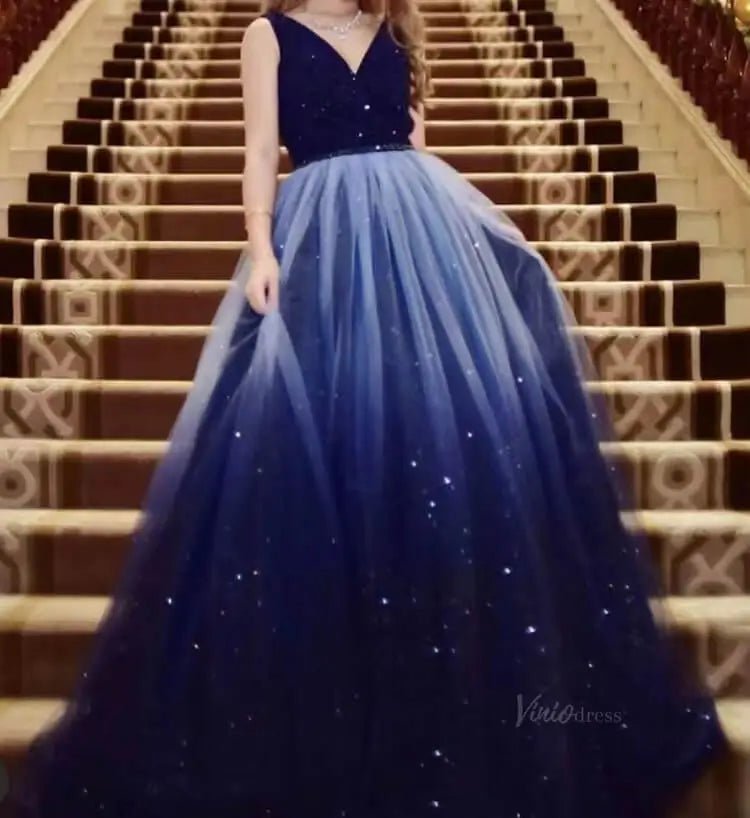 Dark Blue Sparkly Tulle Prom Dresses with V-Neck, Sequin Bodice, Formal Dresses SU069-prom dresses 2025 -Viniodress-Blue-Custom Size-