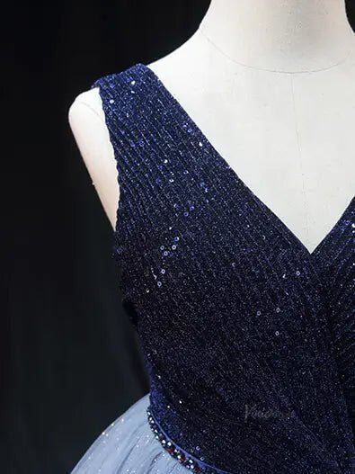 Dark Blue Sparkly Tulle Prom Dresses with V-Neck, Sequin Bodice, Formal Dresses SU069-prom dresses 2025 -Viniodress-Blue-Custom Size-