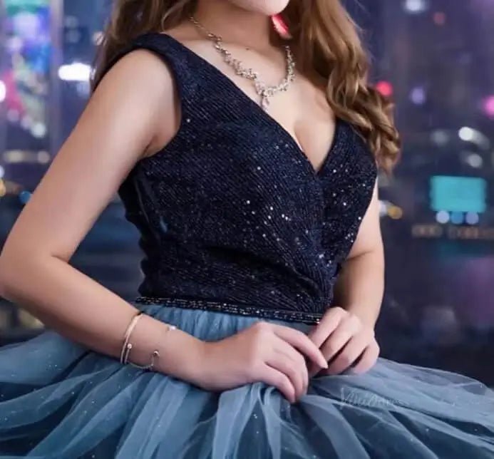 Dark Blue Sparkly Tulle Prom Dresses with V-Neck, Sequin Bodice, Formal Dresses SU069-prom dresses 2025 -Viniodress-Blue-Custom Size-