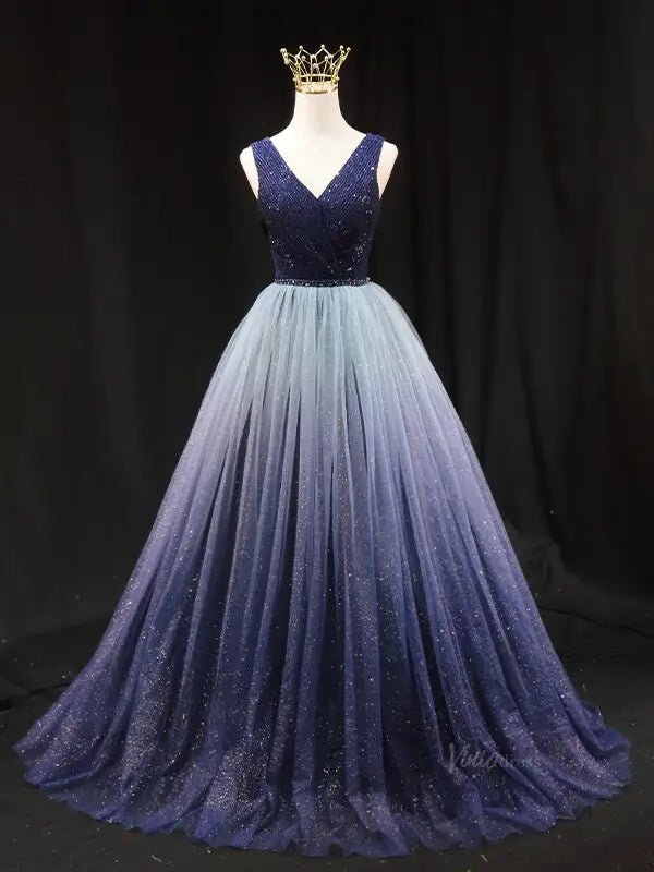 Dark Blue Sparkly Tulle Prom Dresses with V-Neck, Sequin Bodice, Formal Dresses SU069-prom dresses 2025 -Viniodress-Blue-Custom Size-
