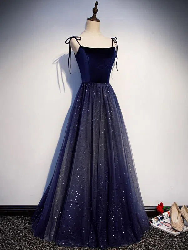 Dark Blue Starry Prom Dresses Spaghetti Strap Long Evening Dress FD1225B-prom dresses 2025 -Viniodress-Navy Blue-Custom Size-