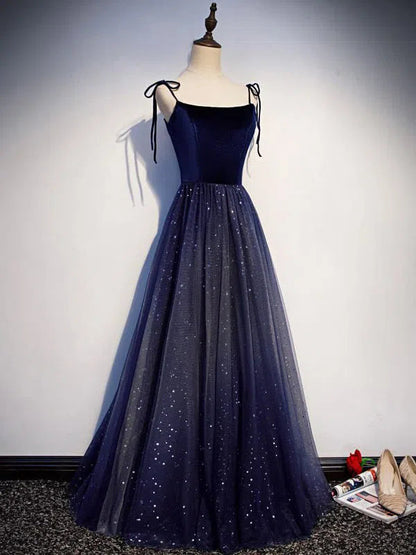 Dark Blue Starry Prom Dresses Spaghetti Strap Long Evening Dress FD1225B-prom dresses 2025 -Viniodress-Navy Blue-Custom Size-