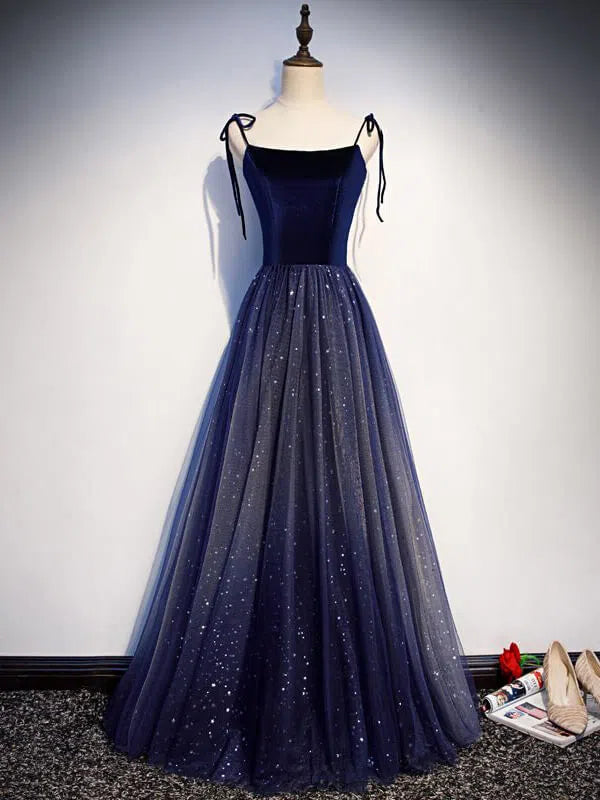 Dark Blue Starry Prom Dresses Spaghetti Strap Long Evening Dress FD1225B-prom dresses 2025 -Viniodress-Navy Blue-Custom Size-