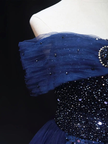 Dark Blue Tulle Prom Dresses with Overskirt, Off the Shoulder, Beaded Formal Dresses SU055-prom dresses 2025 -Viniodress-Blue-Custom Size-