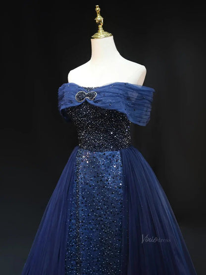 Dark Blue Tulle Prom Dresses with Overskirt, Off the Shoulder, Beaded Formal Dresses SU055-prom dresses 2025 -Viniodress-Blue-Custom Size-
