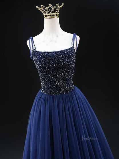Dark Blue Tulle Prom Dresses with Spaghetti Strap, Beaded Bodice, Formal Dresses SU026-prom dresses 2025 -Viniodress-Blue-Custom Size-