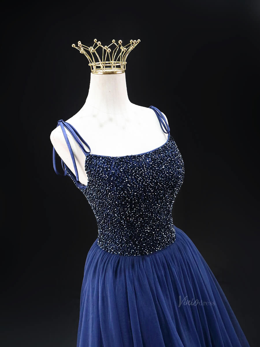 Dark Blue Tulle Prom Dresses with Spaghetti Strap, Beaded Bodice, Formal Dresses SU026-prom dresses 2025 -Viniodress-Blue-Custom Size-