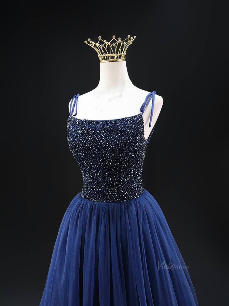 Dark Blue Tulle Prom Dresses with Spaghetti Strap, Beaded Bodice, Formal Dresses SU026-prom dresses 2025 -Viniodress-Blue-Custom Size-