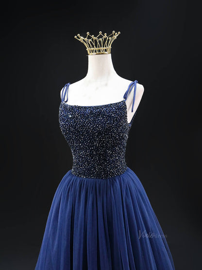Dark Blue Tulle Prom Dresses with Spaghetti Strap, Beaded Bodice, Formal Dresses SU026-prom dresses 2025 -Viniodress-Blue-Custom Size-
