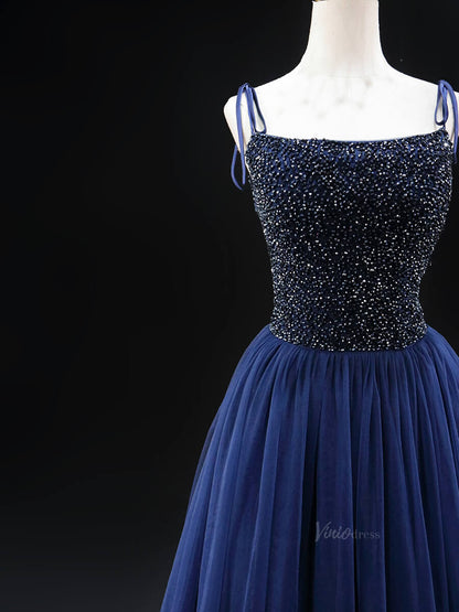 Dark Blue Tulle Prom Dresses with Spaghetti Strap, Beaded Bodice, Formal Dresses SU026-prom dresses 2025 -Viniodress-Blue-Custom Size-