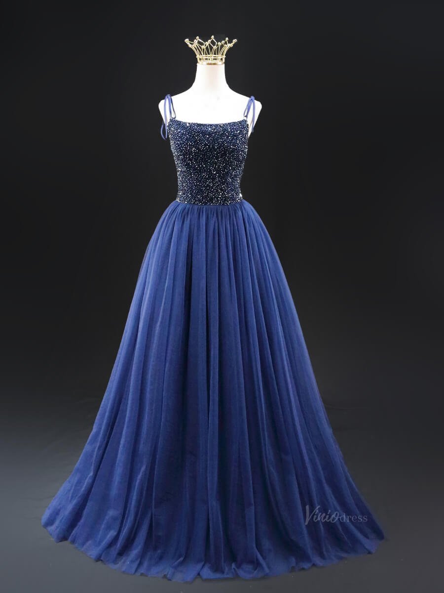 Dark Blue Tulle Prom Dresses with Spaghetti Strap, Beaded Bodice, Formal Dresses SU026-prom dresses 2025 -Viniodress-Blue-Custom Size-