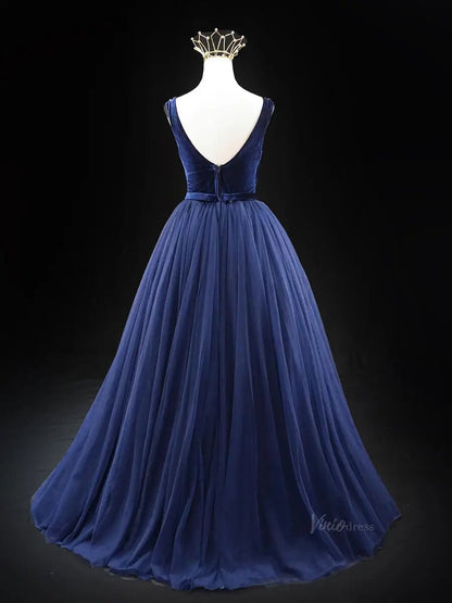 Dark Blue Tulle Prom Dresses with Velvet Bodice, Beaded Lace, Formal Dresses SU047-prom dresses 2025 -Viniodress-Blue-Custom Size-