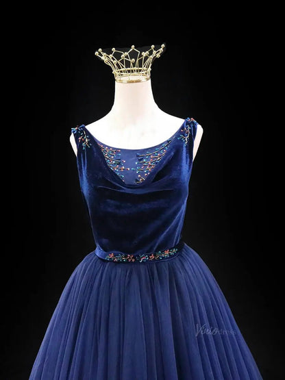 Dark Blue Tulle Prom Dresses with Velvet Bodice, Beaded Lace, Formal Dresses SU047-prom dresses 2025 -Viniodress-Blue-Custom Size-