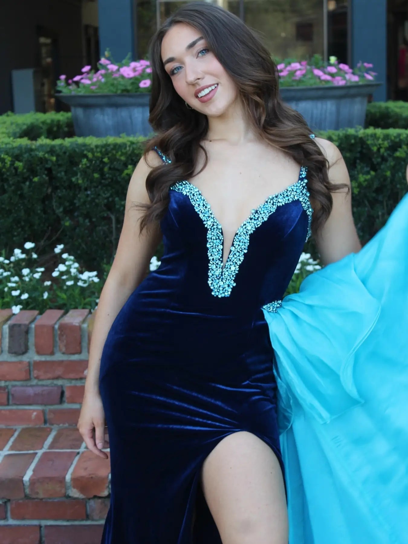 Dark Blue Velvet Prom Dress with Rhinestone Neckline & Organza Skirt – Slit Formal Gown FD6099-prom dresses 2025 -Viniodress-Blue-Custom Size-