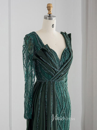 Dark Emerald Green Evening Dresses Long Sleeve Beaded Prom Dress 20080-Evening Dresses 2025 -Viniodress-Emerald Green-US 2-