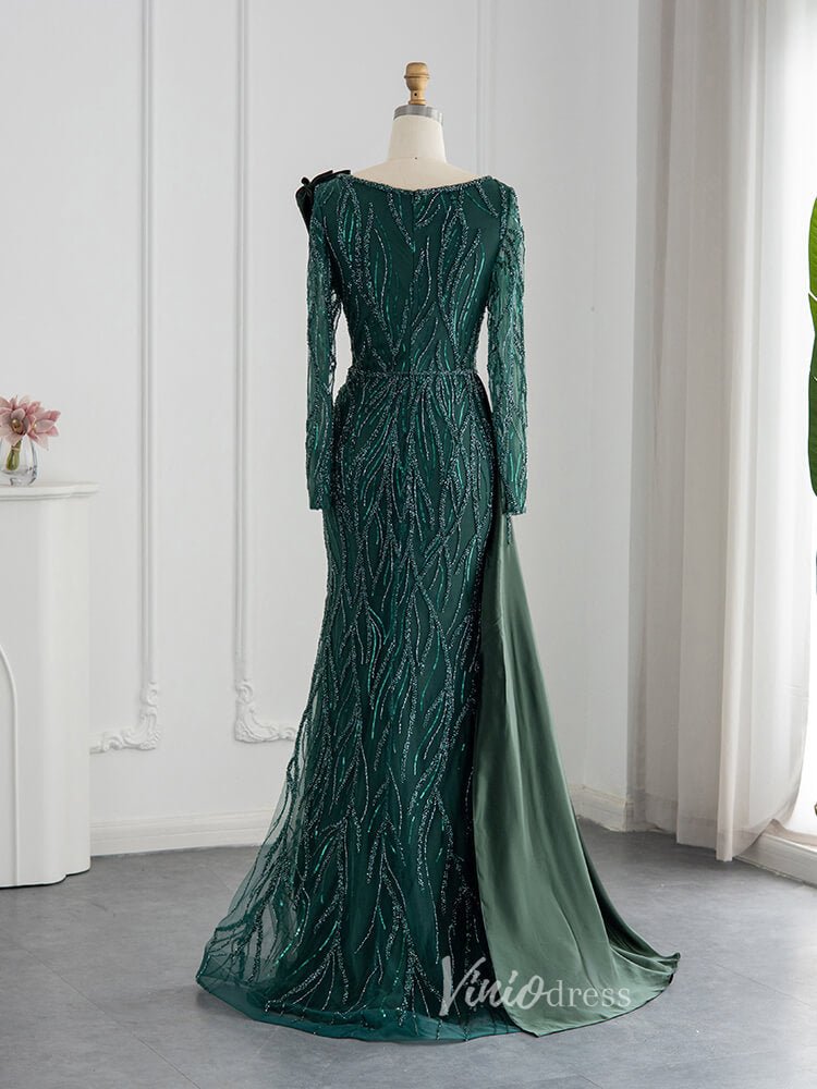 Dark Emerald Green Evening Dresses Long Sleeve Beaded Prom Dress 20080-Evening Dresses 2025 -Viniodress-Emerald Green-US 2-