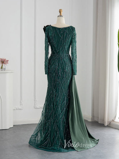 Dark Emerald Green Evening Dresses Long Sleeve Beaded Prom Dress 20080-Evening Dresses 2025 -Viniodress-Emerald Green-US 2-