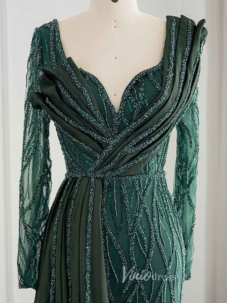 Dark Emerald Green Evening Dresses Long Sleeve Beaded Prom Dress 20080-Evening Dresses 2025 -Viniodress-Emerald Green-US 2-
