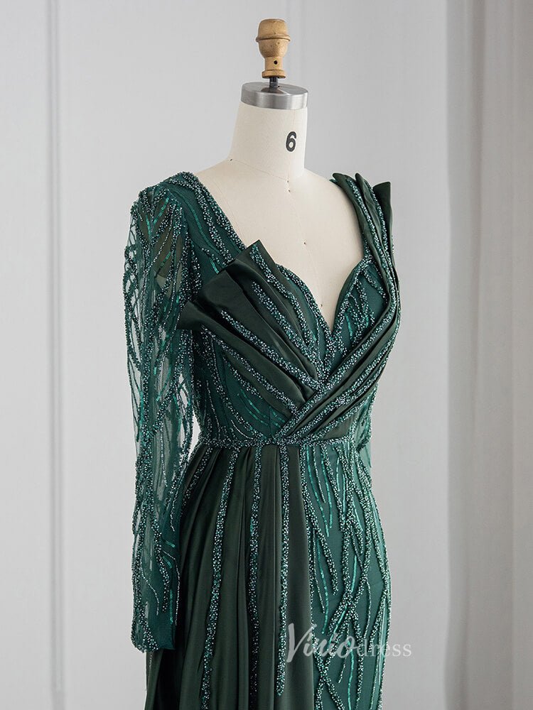 Dark Emerald Green Evening Dresses Long Sleeve Beaded Prom Dress 20080-Evening Dresses 2025 -Viniodress-Emerald Green-US 2-