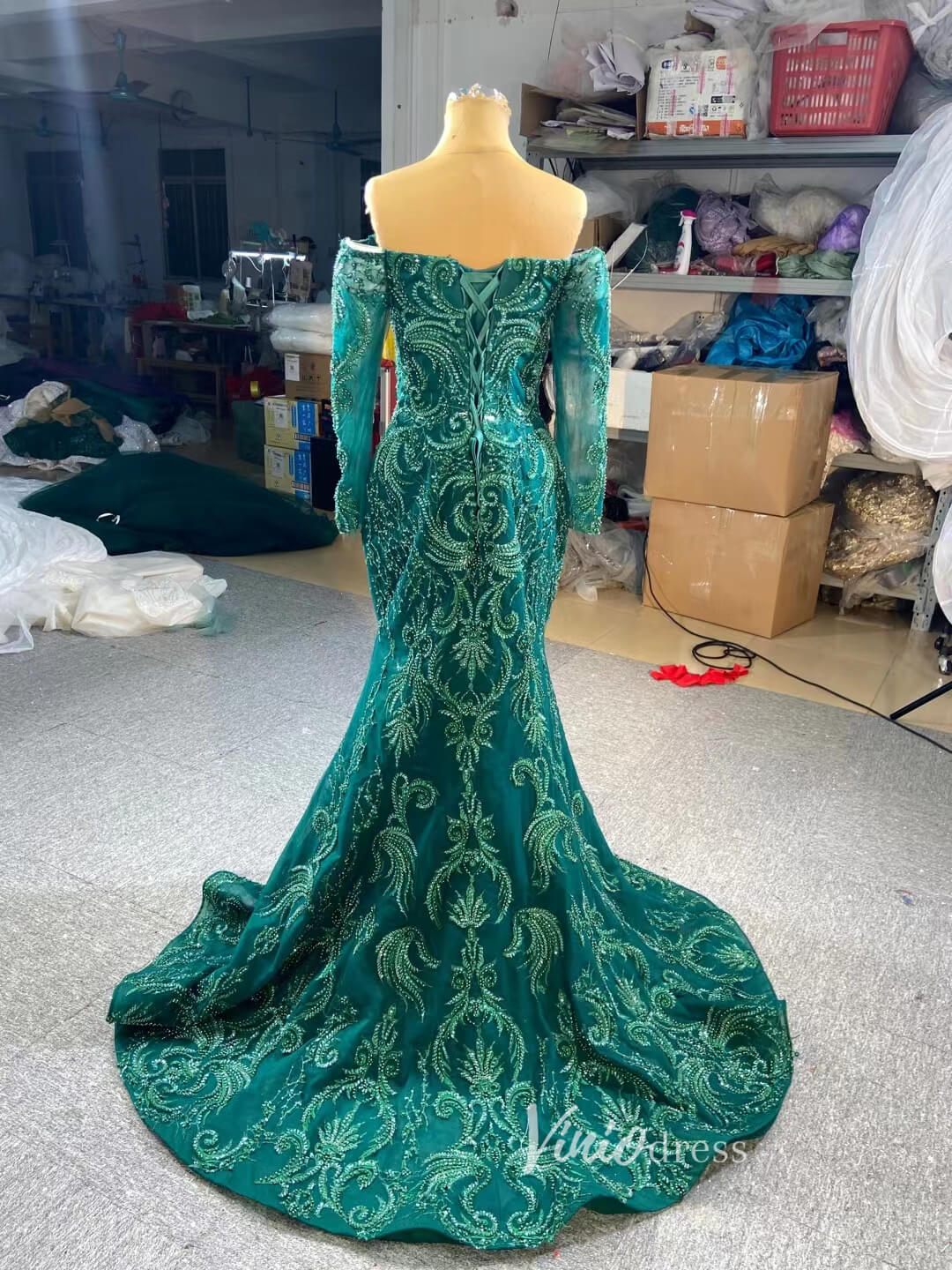 Dark Emerald Green Wedding Gown Beaded Overskirt Pageant Dresses 67250B-wedding dresses 2025 -Viniodress-Emerald Green-Custom Size-