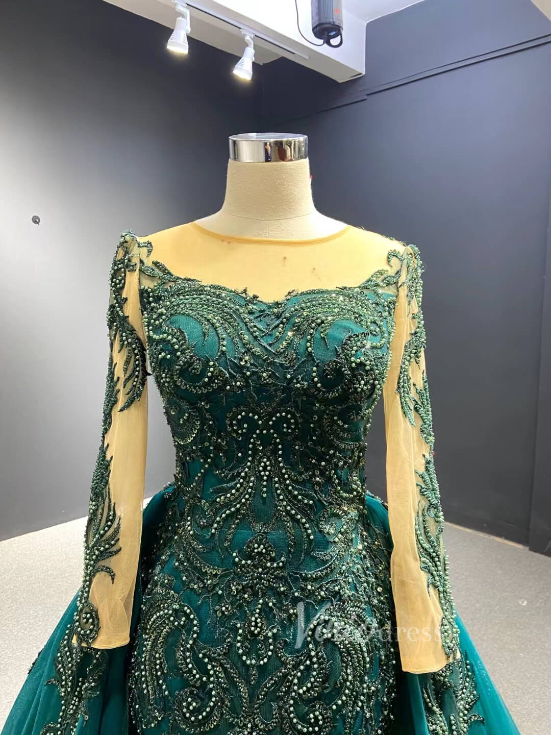 Dark Emerald Green Wedding Gown Beaded Overskirt Pageant Dresses 67250B-wedding dresses 2025 -Viniodress-Emerald Green-Custom Size-