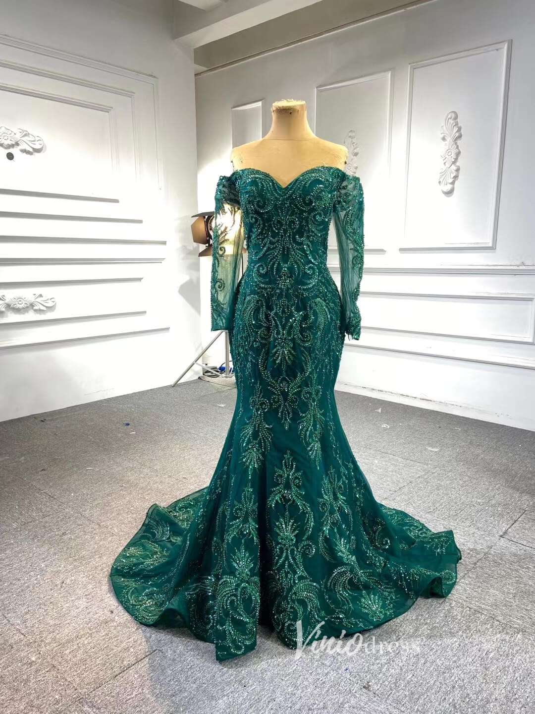 Prom Dress 2025 Dark Emerald Green Wedding Gown Beaded Overskirt Pageant Dresses 67250B-unique wedding dresses-Emerald Green-Custom Size-Viniodress