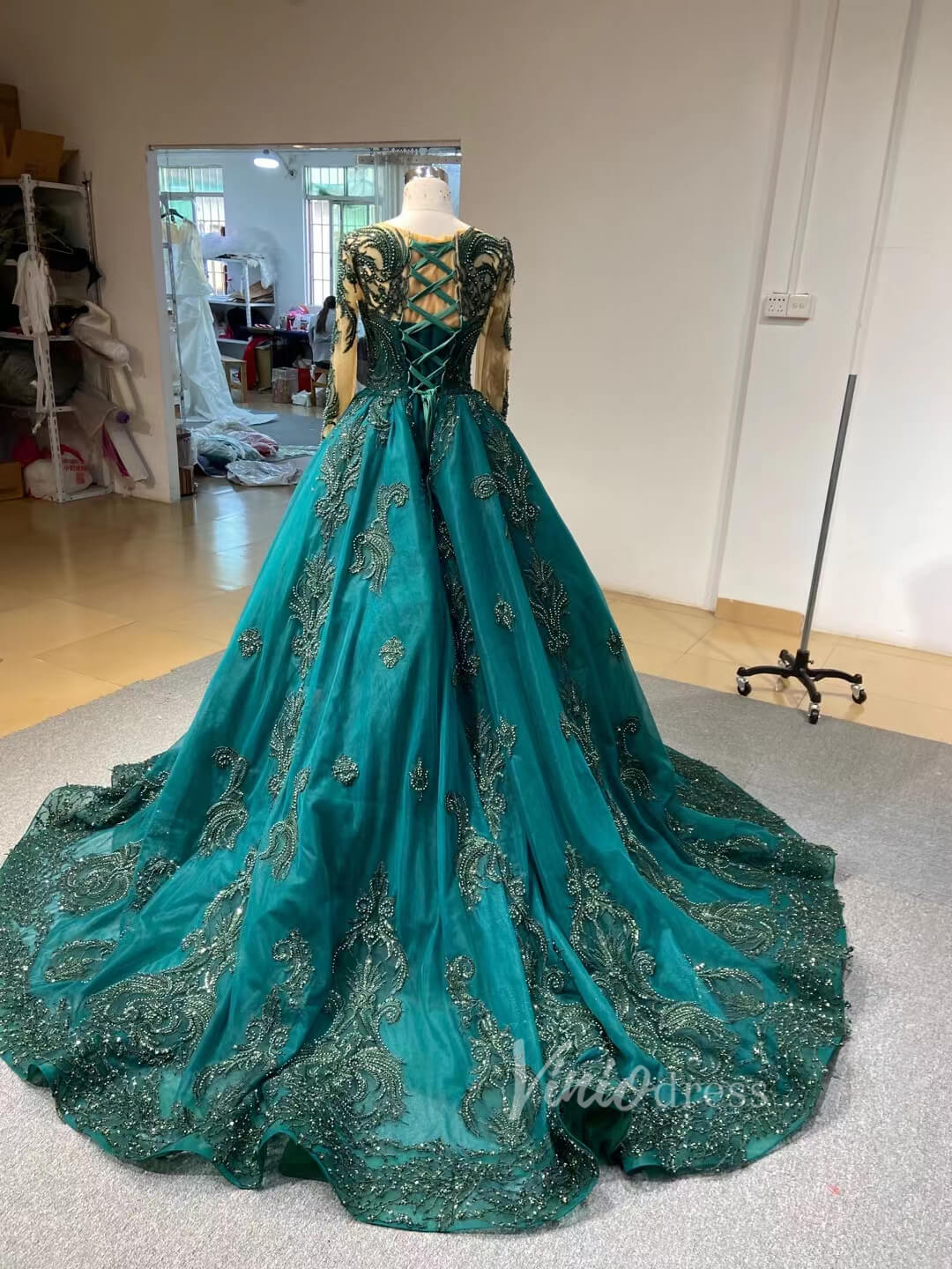 Prom Dress 2025 Dark Emerald Green Wedding Gown Beaded Overskirt Pageant Dresses 67250B-unique wedding dresses-Emerald Green-Custom Size-Viniodress