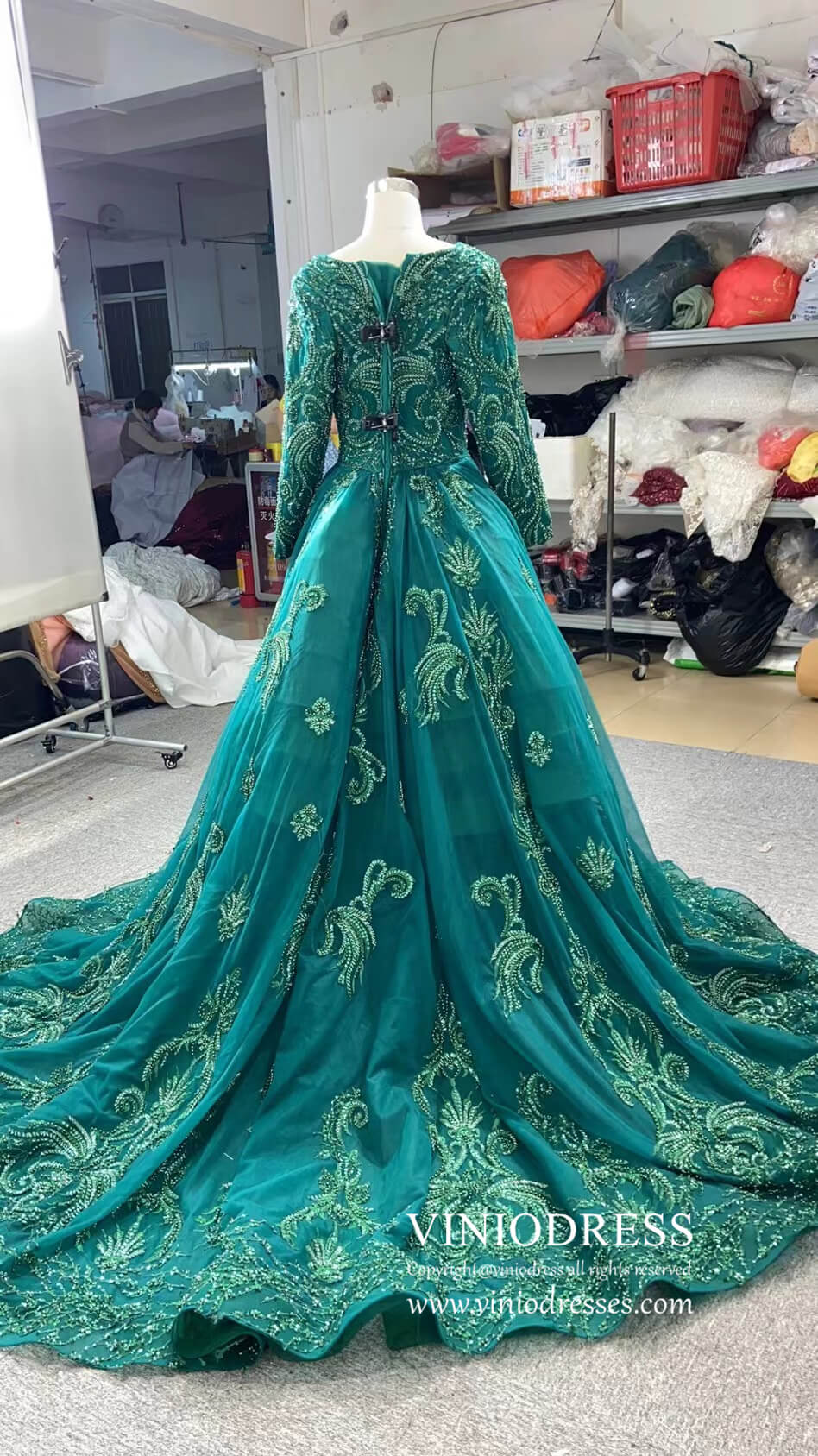 Prom Dress 2025 Dark Emerald Green Wedding Gown Beaded Overskirt Pageant Dresses 67250B-unique wedding dresses-Emerald Green-Custom Size-Viniodress