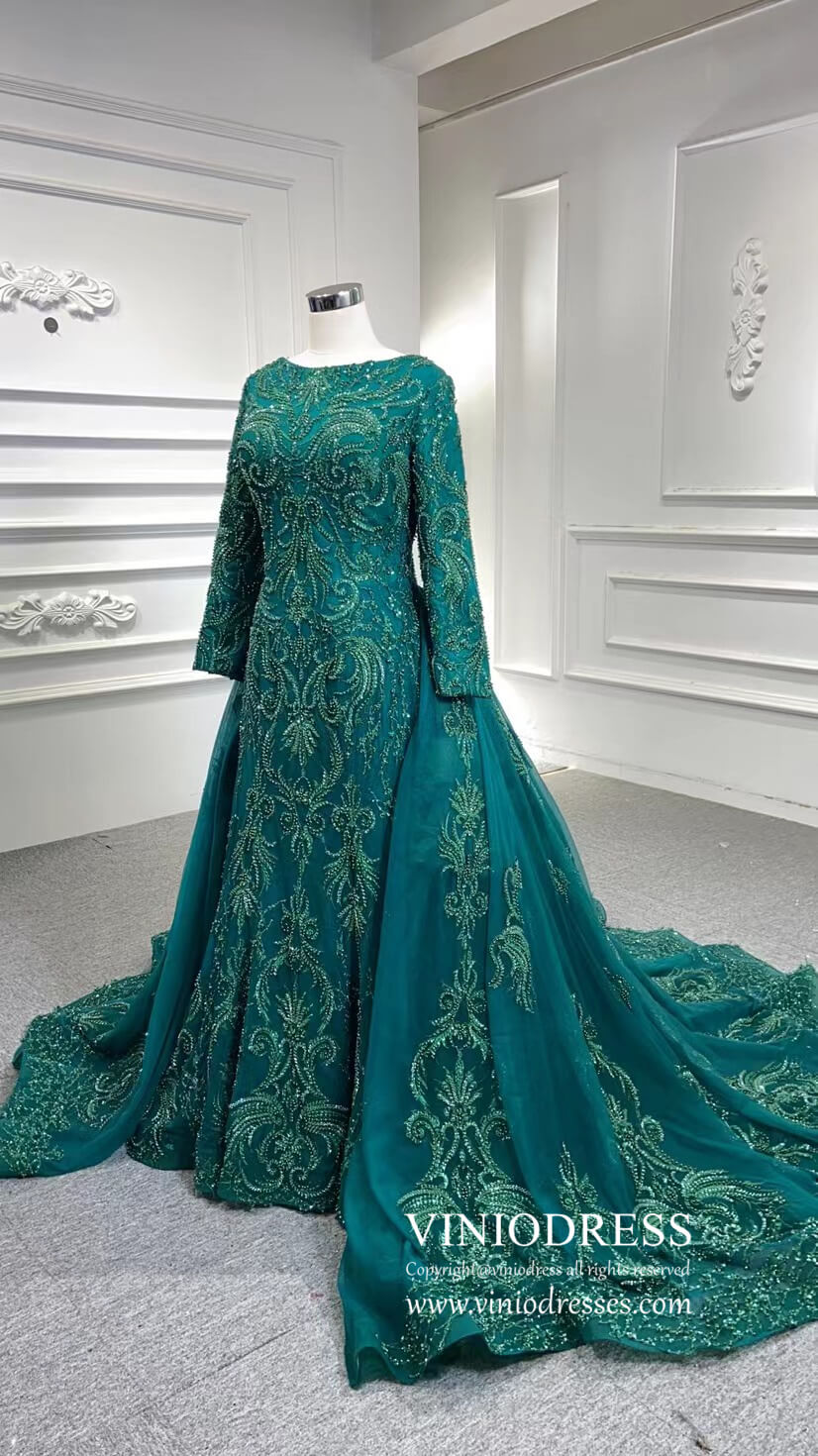 Prom Dress 2025 Dark Emerald Green Wedding Gown Beaded Overskirt Pageant Dresses 67250B-unique wedding dresses-Emerald Green-Custom Size-Viniodress