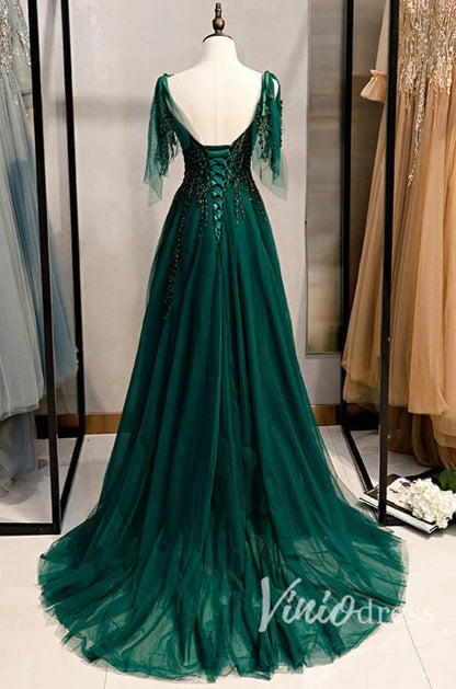 Dark Green Tulle Prom Dresses Long A-line Evening Gown FD2064-prom dresses 2025 -Viniodress-Green-Custom Size-