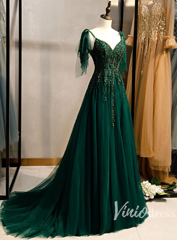 Dark Green Tulle Prom Dresses Long A-line Evening Gown FD2064-prom dresses 2025 -Viniodress-Green-Custom Size-