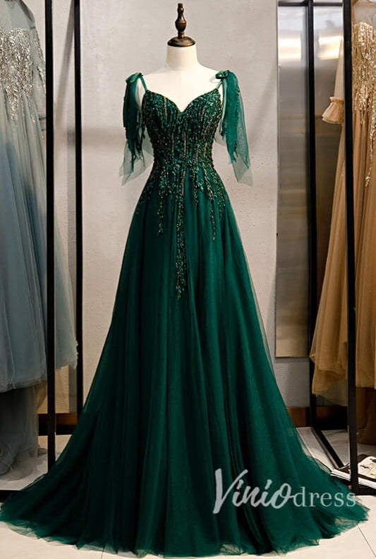 Dark Green Tulle Prom Dresses Long A-line Evening Gown FD2064-prom dresses 2025 -Viniodress-Green-Custom Size-