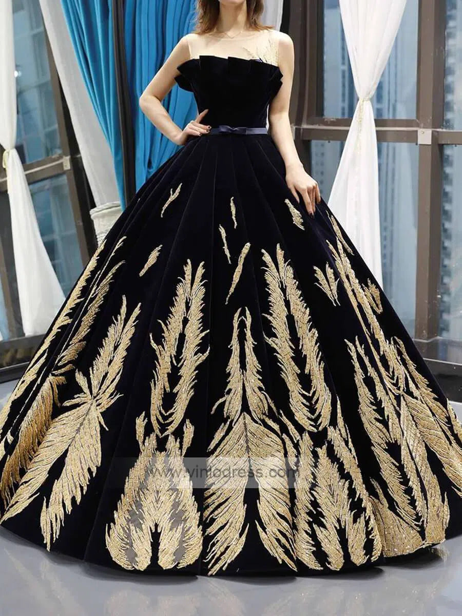 Prom Dress 2025 Dark Navy Blue Ball Gowns Gold Beaded Prom Dresses FD1113 viniodress-unique prom dresses-Navy Blue-US 2-Viniodress