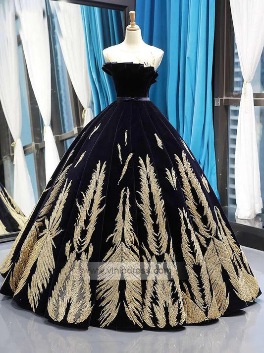 Prom Dress 2025 Dark Navy Blue Ball Gowns Gold Beaded Prom Dresses FD1113 viniodress-unique prom dresses-Navy Blue-US 2-Viniodress