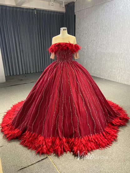 Dark Red Beaded Feather Ball Gown Wedding Dreses Plus Size Princess Dress 222232-Quinceanera Dresses 2025 -Viniodress-Burgundy-Custom Size-