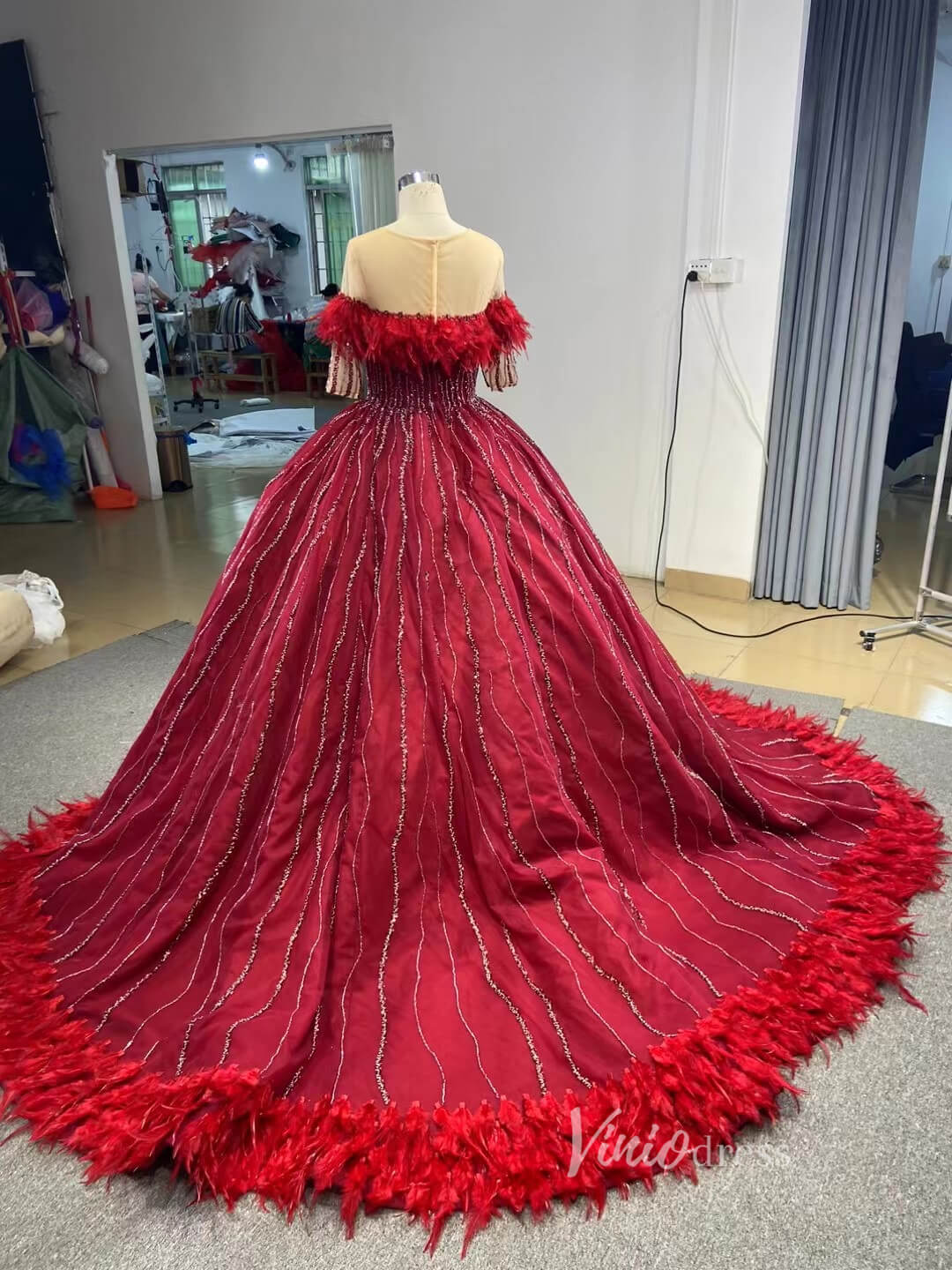 Dark Red Beaded Feather Ball Gown Wedding Dreses Plus Size Princess Dress 222232-Quinceanera Dresses 2025 -Viniodress-Burgundy-Custom Size-