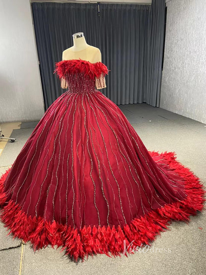 Dark Red Beaded Feather Ball Gown Wedding Dreses Plus Size Princess Dress 222232-Quinceanera Dresses 2025 -Viniodress-Burgundy-Custom Size-