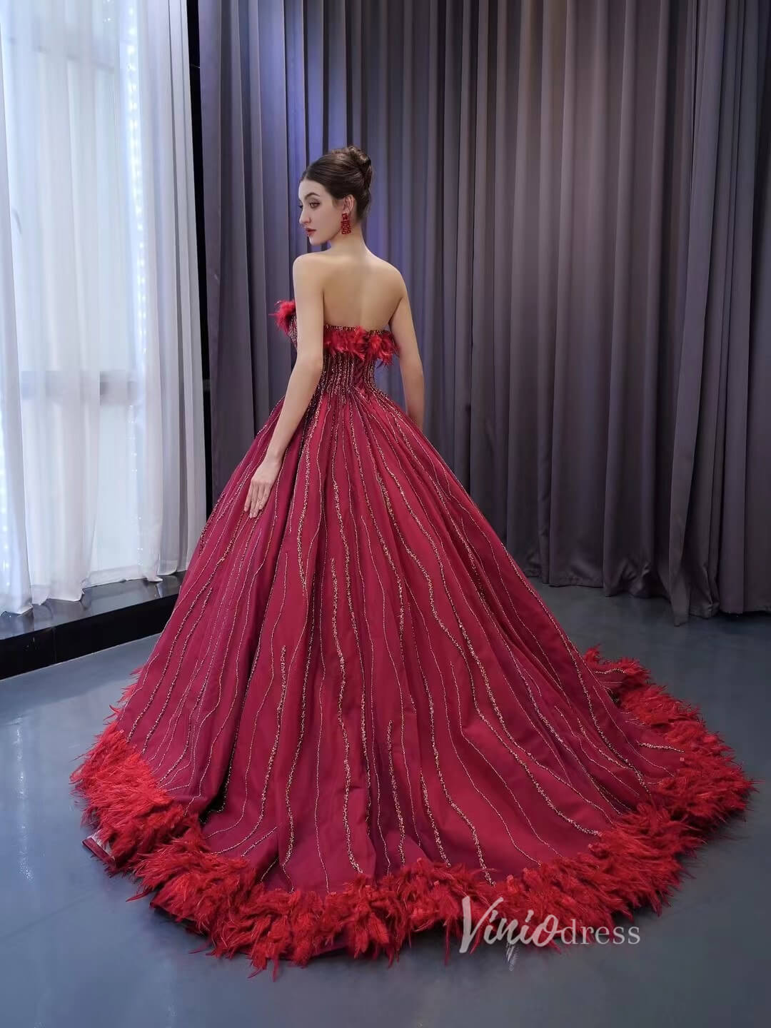 dark red quince dresses Dark Red Beaded Feather Ball Gown Wedding Dreses Plus Size Princess Dr – Viniodress
