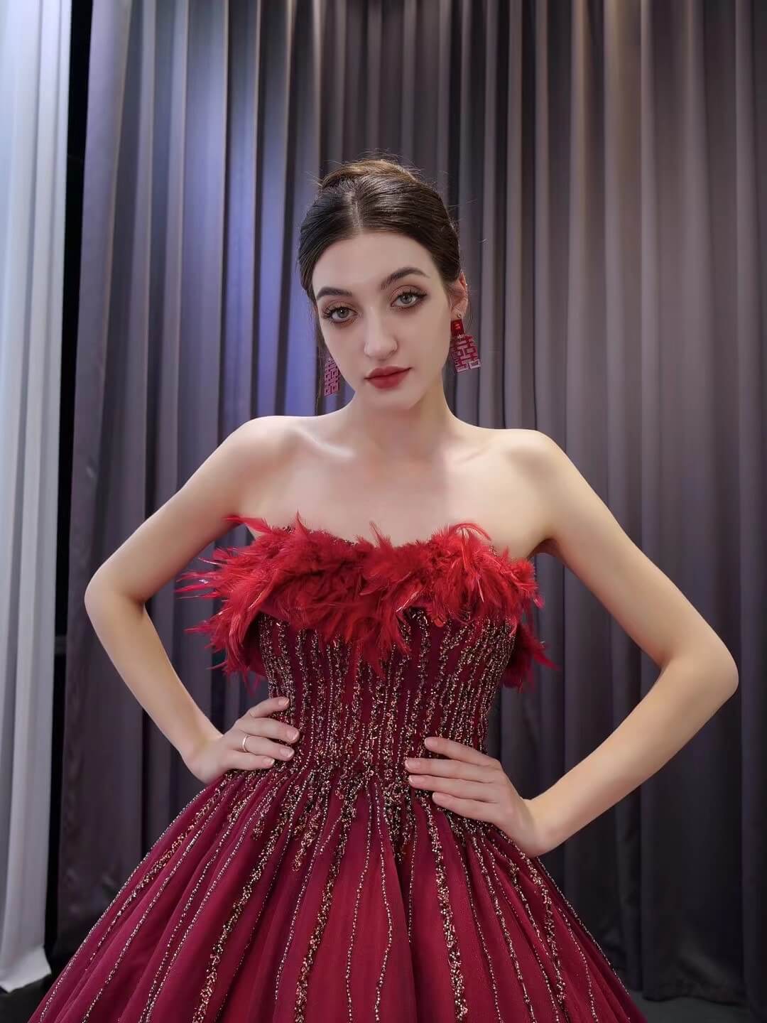 Dark Red Beaded Feather Ball Gown Wedding Dreses Plus Size Princess Dress 222232-Quinceanera Dresses 2025 -Viniodress-Burgundy-Custom Size-