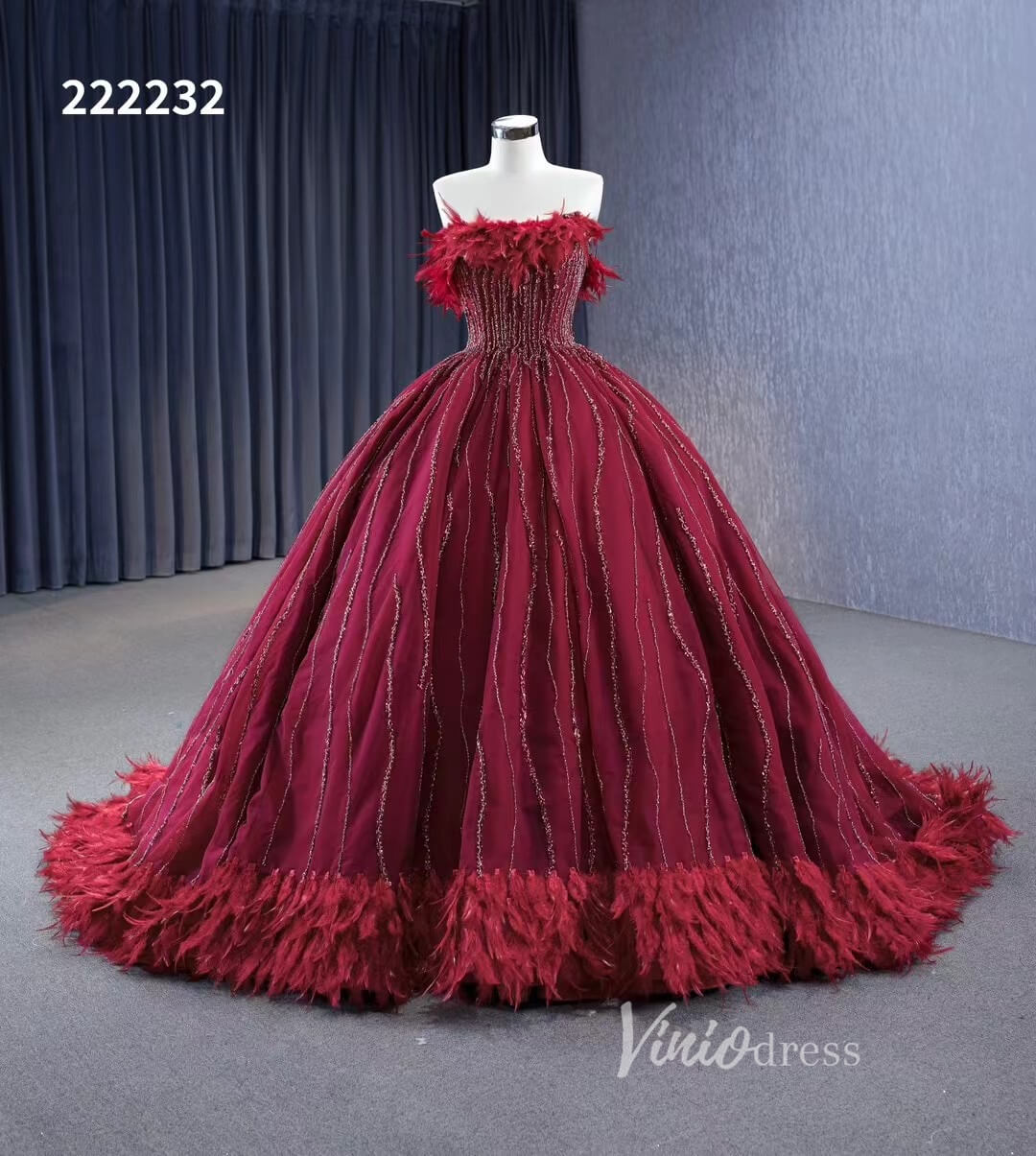Dark Red Beaded Feather Ball Gown Wedding Dreses Plus Size Princess Dress 222232-Quinceanera Dresses 2025 -Viniodress-Burgundy-Custom Size-