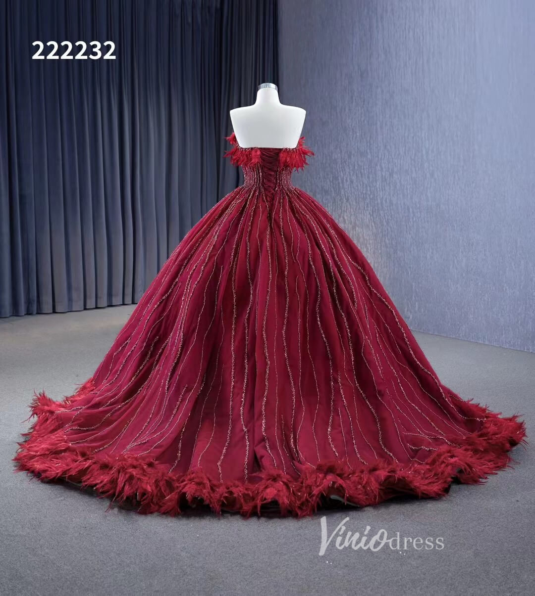 Dark Red Beaded Feather Ball Gown Wedding Dreses Plus Size Princess Dress 222232-Quinceanera Dresses 2025 -Viniodress-Burgundy-Custom Size-