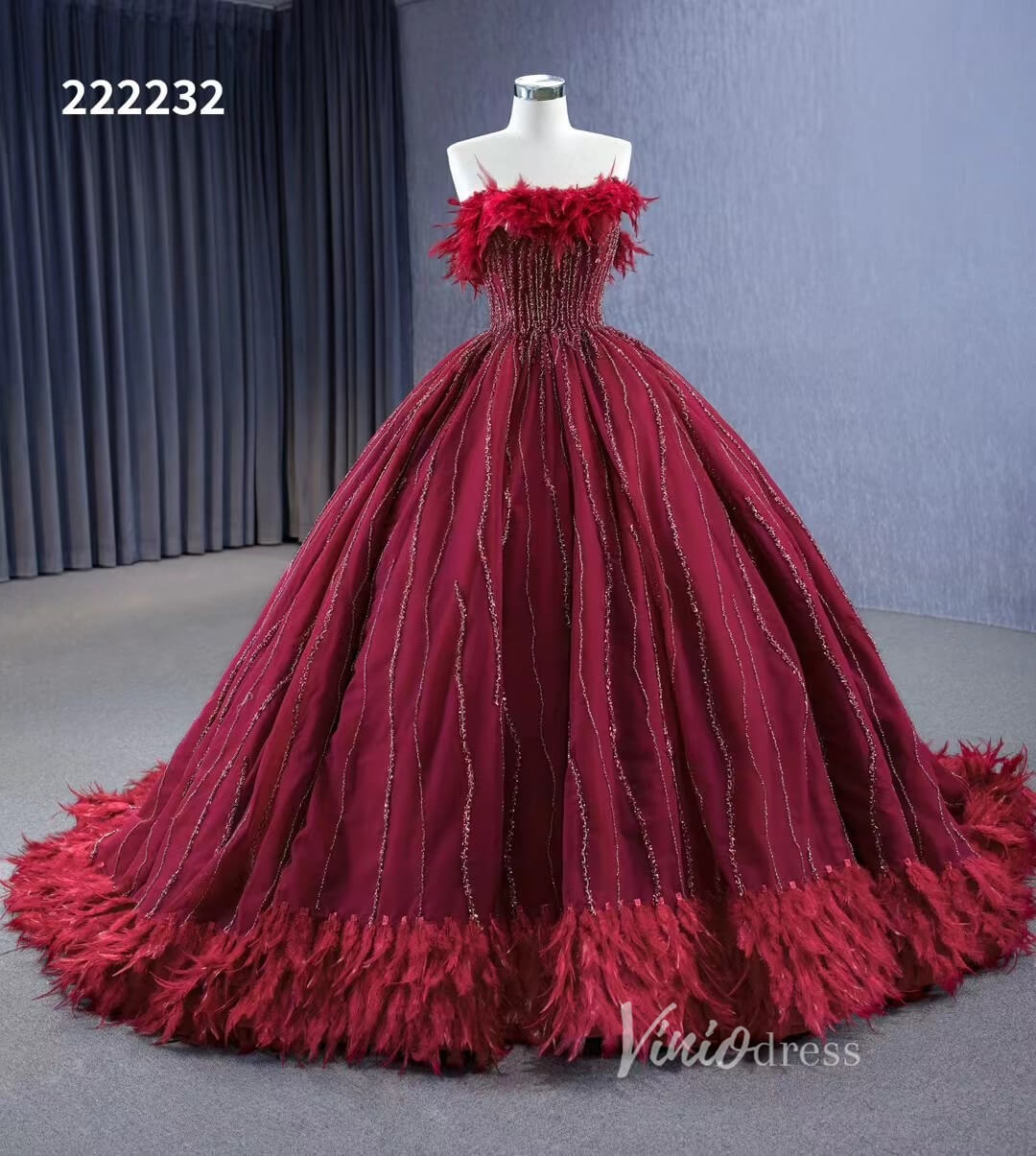 Dark Red Beaded Feather Ball Gown Wedding Dreses Plus Size Princess Dress 222232-Quinceanera Dresses 2025 -Viniodress-Burgundy-Custom Size-