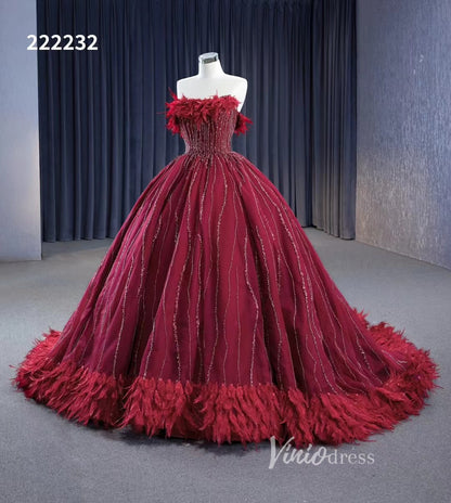 Dark Red Beaded Feather Ball Gown Wedding Dreses Plus Size Princess Dress 222232-Quinceanera Dresses 2025 -Viniodress-Burgundy-Custom Size-