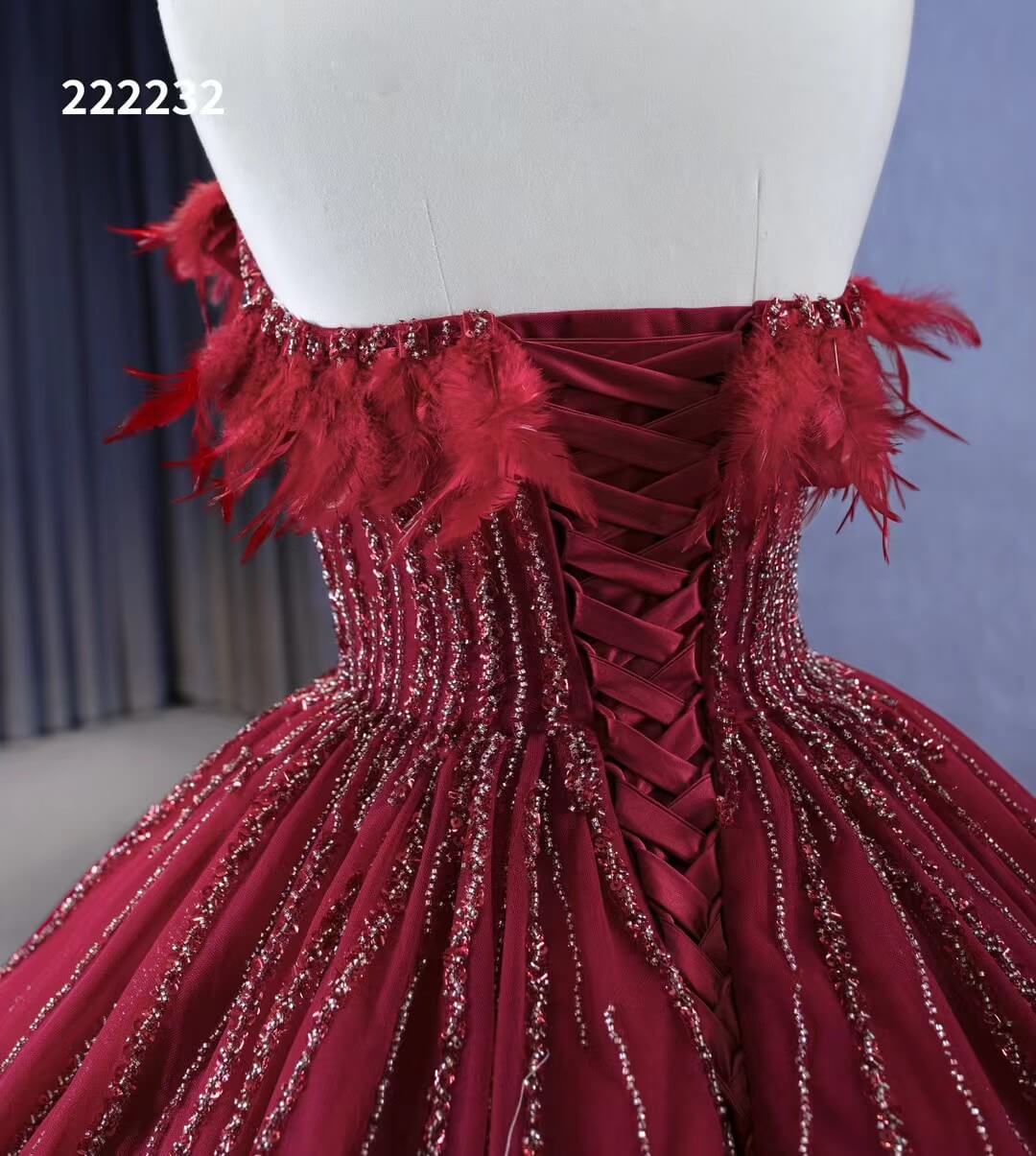 Dark Red Beaded Feather Ball Gown Wedding Dreses Plus Size Princess Dress 222232-Quinceanera Dresses 2025 -Viniodress-Burgundy-Custom Size-