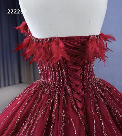 Dark Red Beaded Feather Ball Gown Wedding Dreses Plus Size Princess Dress 222232-Quinceanera Dresses 2025 -Viniodress-Burgundy-Custom Size-